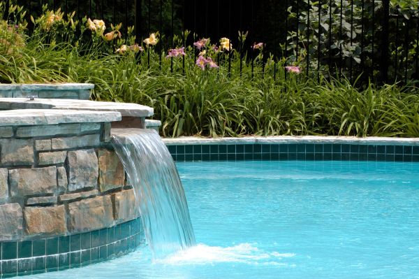 Beautifully landscaped pool with water feature